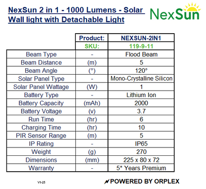 Product specifications table for NexSun 2-in-1 solar wall light with detachable light
