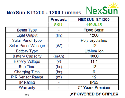 Product specifications table for NexSun ST1200 Grey Solar Floodlight
