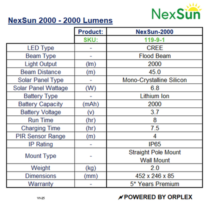 Product specifications table for NexSun 2000 solar light system