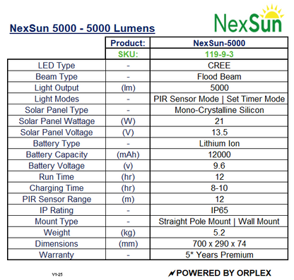 Product specifications table for NexSun 5000 LED Solar Flood Light