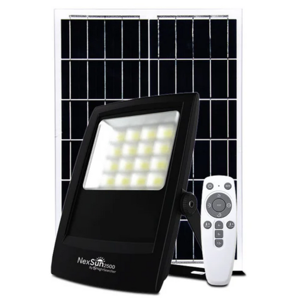 NexSun 2500 Solar flood light in black with solar panel and remote