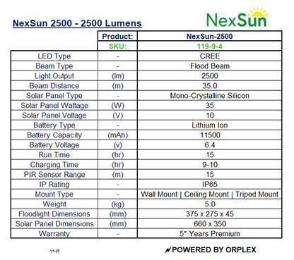 Product specifications table for NexSun 2500 lumens solar light.