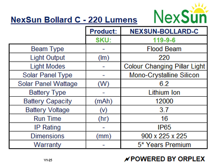 Product Specifications Table for NexSun Bollard C Colour Changing Pillar Light