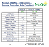 Product specifications table for NexSun 1100RC solar floodlight on a white background