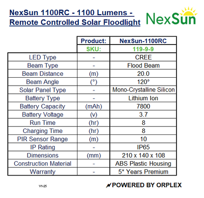 Product specifications table for NexSun 1100RC solar floodlight on a white background