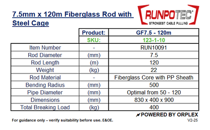 Technical specifications of a RUNPOTEC 7.5mm fiberglass rod with steel cage