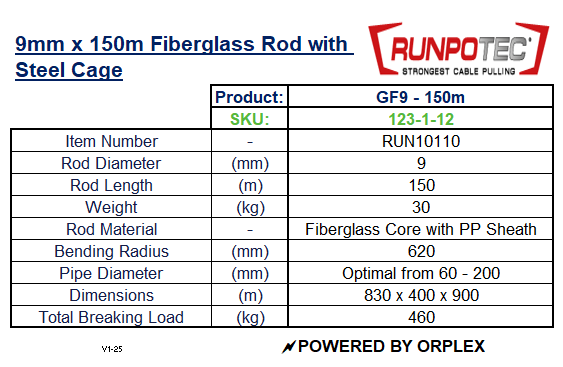 Product Specifications Table for RUNPOTEC GF9 9mm Yellow Fiberglass Rod on Robust Mobile Steel Reel 