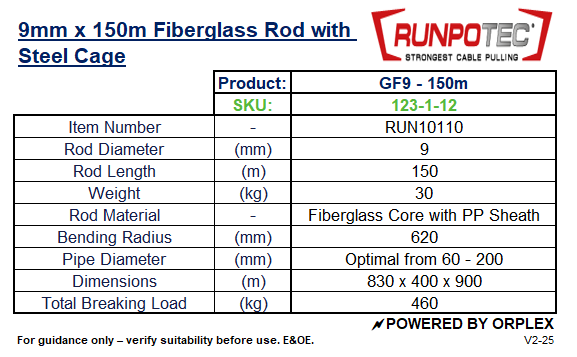 Technical specifications of RUNPOTEC 9mm fiberglass rod with steel cage, including dimensions and material details.