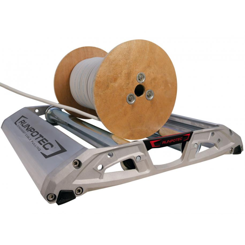 RUNPOTEC Pro 530 Cable Roller with drum (not supplied) made of light and solid die-cast and continuous cast aluminium with robust, adjustable support rollers.