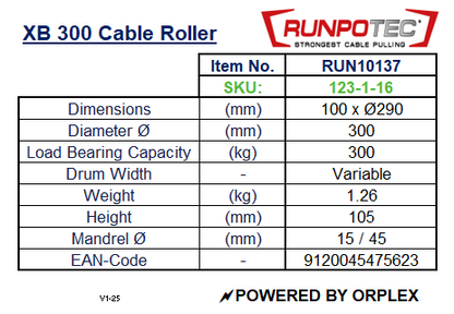 Technical specifications of a RUNPOTEC XB300 cable roller with dimensions, weight, and other details.