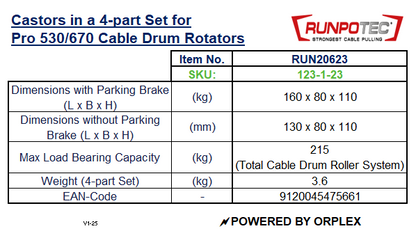 Technical specifications sheet for Runpotec castors with dimensions, weight, and load capacity details.