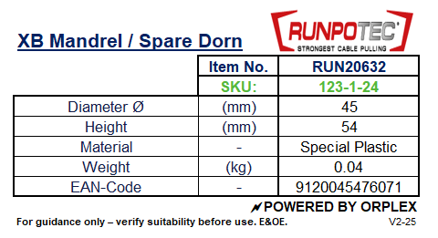 Technical specifications of a RUNPOTEC XB Mandrel/Spare Dorn