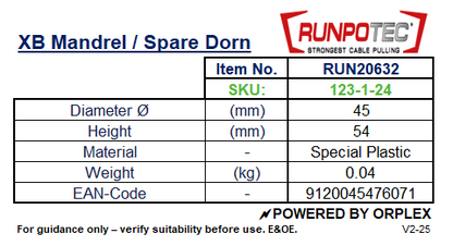 Technical specifications of a RUNPOTEC XB Mandrel/Spare Dorn