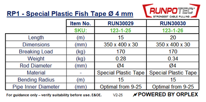 Product specification table for RUNPOTEC RP1 Special Plastic Fish Tape with dimensions and features.