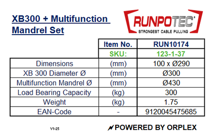 Technical specifications of a RUNPOTEC XB300 cable winder/unwinder and Multifunction Mandrel Set