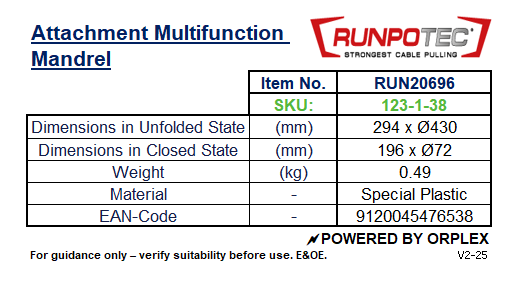 Technical specifications of a Runpotec attachment multifunction mandrel