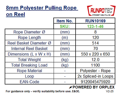 Technical specifications Table for RUNPOTEC 8mm polyester pulling rope on reel.