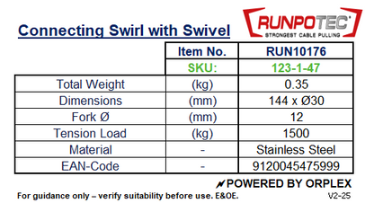 Technical specifications table for RUNPOTEC Connecting Swirl with Swivel