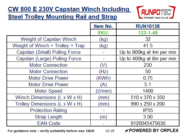 Technical specifications table for a RUNPOTEC CW 800 E 230V capstan winch with Steel Trolley Mounting Rail and Strap