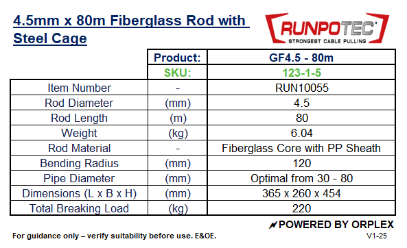 Technical specifications of RUNPOTEC 4.5mm x 80m fiberglass rod with steel cage, including dimensions and material details.