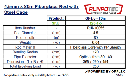Technical specifications of RUNPOTEC 4.5mm x 80m fiberglass rod with steel cage, including dimensions and material details.