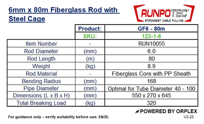 Technical specifications of a RUNPOTEC 6mm x 80m fiberglass rod with steel cage.