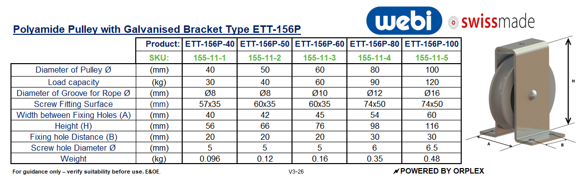 Technical Specifications table for WEBI White Polyamide (Nylon) Pulley with Galvanised Bracket ETT-156P
