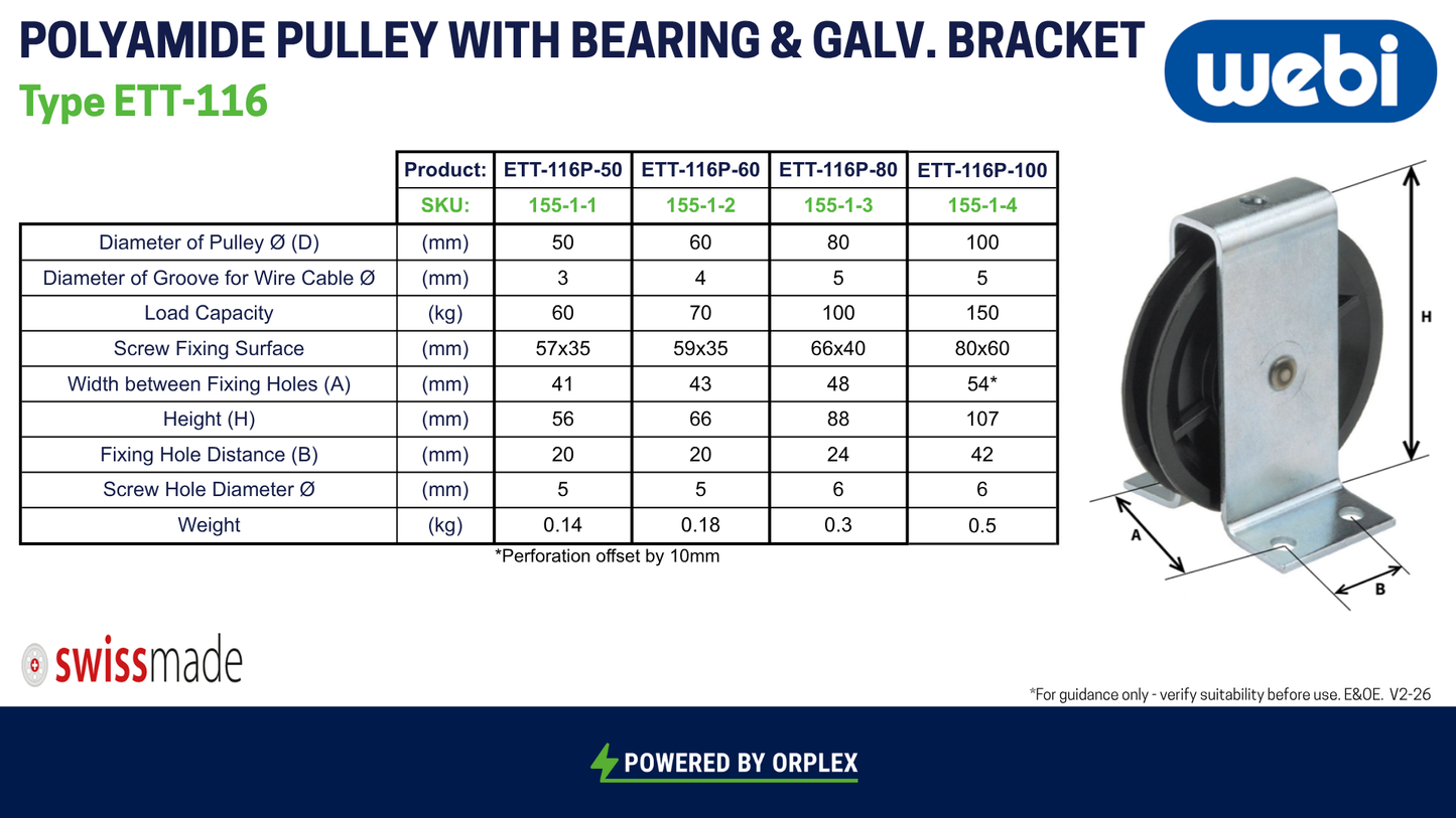 Technical Specification table for Webi ETT-116P Black Polyamide Pulley with Galvanised steel bracket 