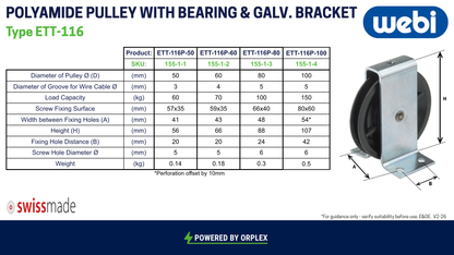 Technical Specification table for Webi ETT-116P Black Polyamide Pulley with Galvanised steel bracket 