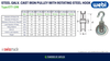 Technical Specification Table with Dimensions Diagram for WEBI Steel Galvanised Cast Iron Pulley with Rotating Hook, Type ETT-198