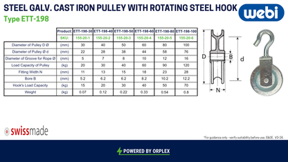 Technical Specification Table with Dimensions Diagram for WEBI Steel Galvanised Cast Iron Pulley with Rotating Hook, Type ETT-198