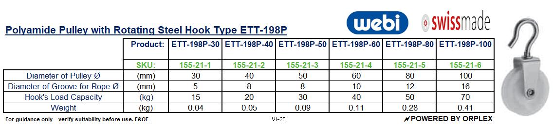 Technical Specifications table for WEBI White Polyamide (Nylon) Pulley with Rotating Steel Hook ETT-198P
