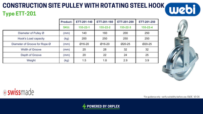 Technical Specifications Table for WEBI Construction Site Pulley with Rotating Steel Hook, Type ETT-201