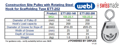 Technical Specifications Table for WEBI Construction Site Pulley with Rotating Steel Hook for Scaffolding, Type ETT-202 - Capacities 200kg & 250kg