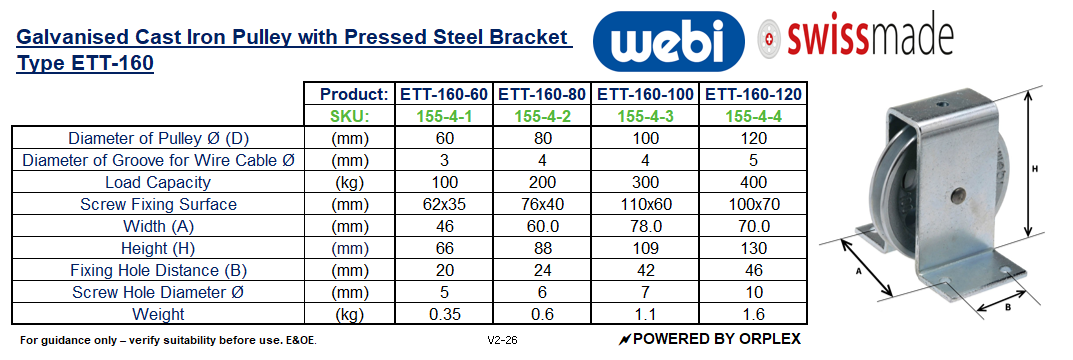 Technical specifications table with diagram showing dimensions for WEBI Galvanised cast iron pulley with pressed steel bracket, Type ETT-160