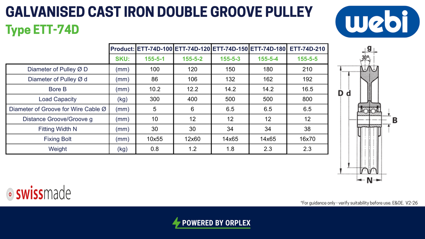 Technical Specifications Table for WEBI Galvanised Cast Iron Double Groove Pulley, Type ETT-74D