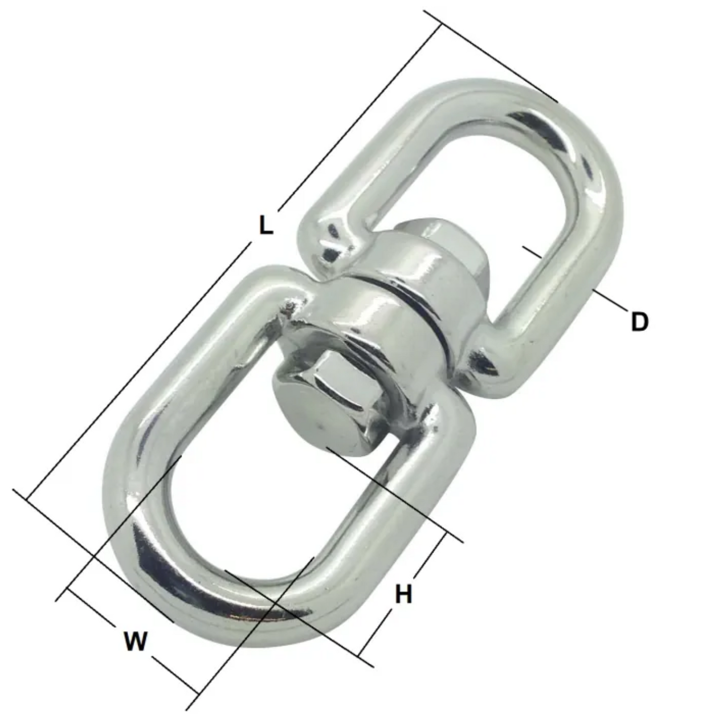 RiggFix stainless steel swivel eye and eye with dimensions labelled