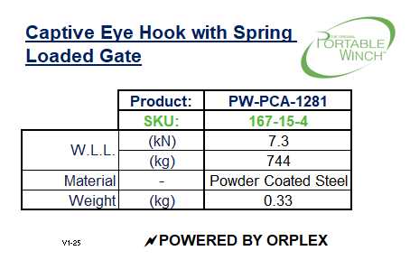 Captive Eye Hook with Spring Loaded Gate by Portable Winch Specification Table