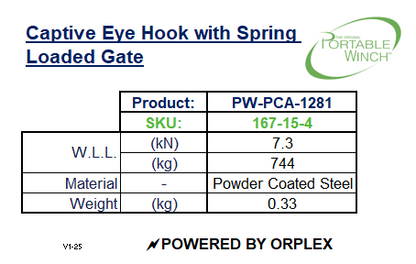 Captive Eye Hook with Spring Loaded Gate by Portable Winch Specification Table