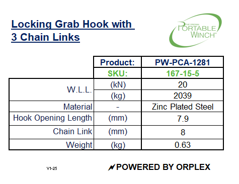 Locking Grab Hook with 3 Chain Links Specification Table