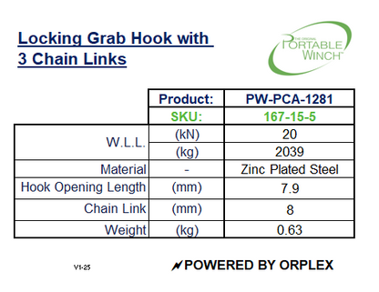 Locking Grab Hook with 3 Chain Links Specification Table