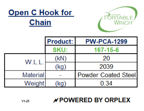 Portable Winch Open C Hook for 6mm to 7.9mm Chain Specification Table