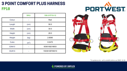 A product information graphic for the PORTWEST FP18 3 Point Comfort Plus Harness.