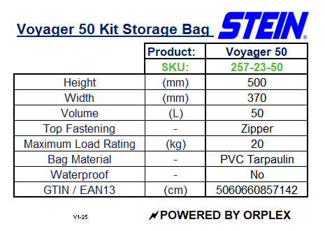 Table of Specifications for Stein Voyager 50 Yellow Kit Storage Bag