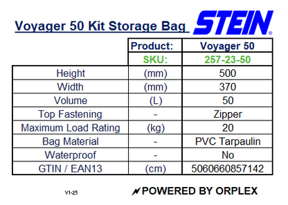 Table of Specifications for Stein Voyager 50 Yellow Kit Storage Bag