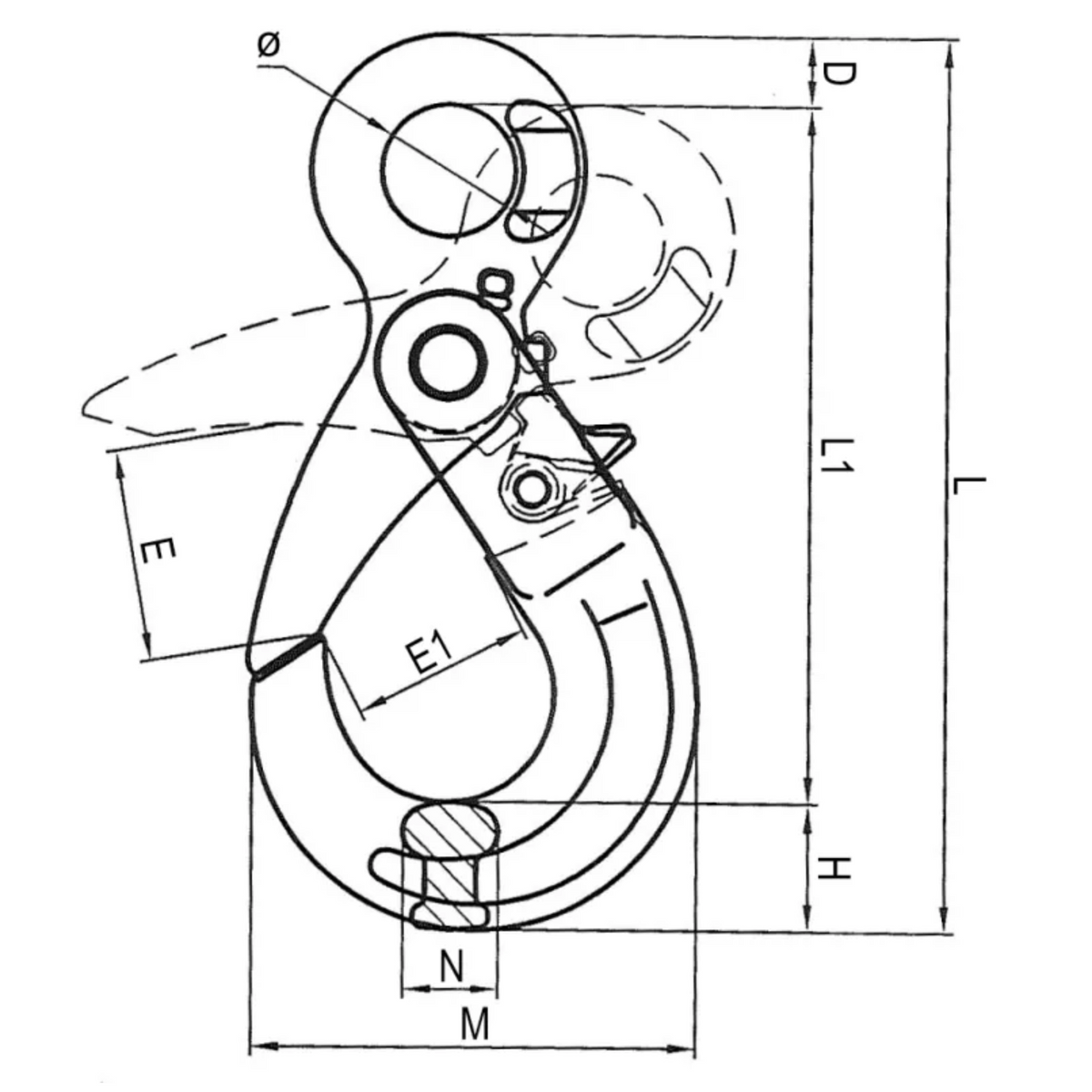 Technical Drawing of RiggFix Yellow Grade 80 Eye Auto Lock Hook