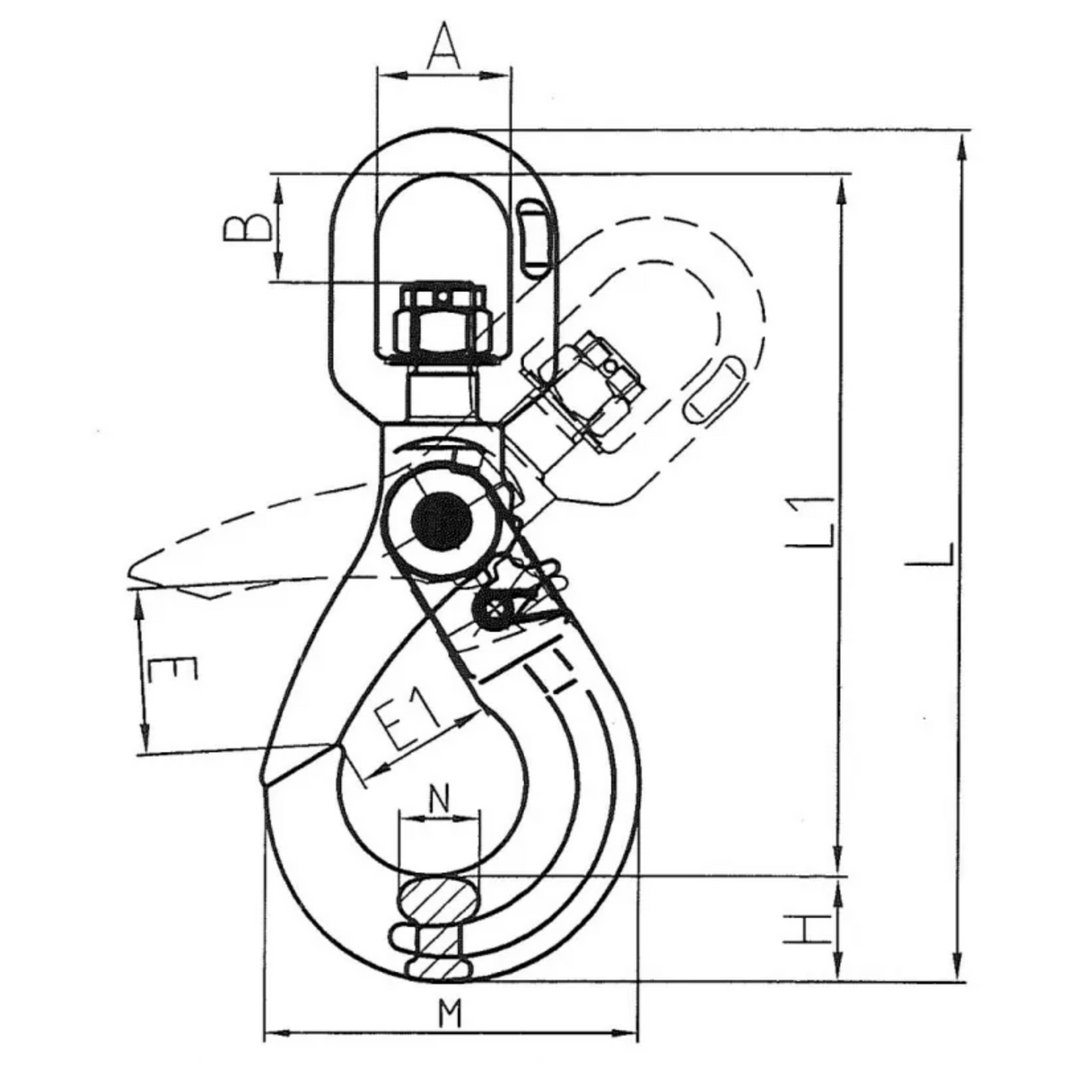 Technical Drawing of RiggFix Yellow Finish Grade 80 Swivel Auto Lock Hook