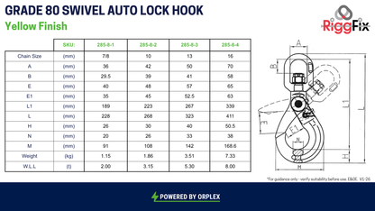 Technical Specifications table for RiggFix Yellow Finish Grade 80 Swivel Auto Lock Hook
