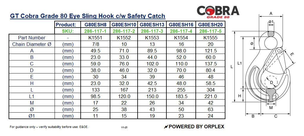 Table of Dimensions with technical drawing for GT Cobra Grade 80 Eye Sling Hook with Safety Catch