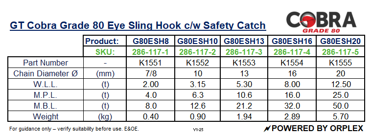 Technical Specifications table for GT Cobra Grade 80 Eye Sling Hook with Safety Catch